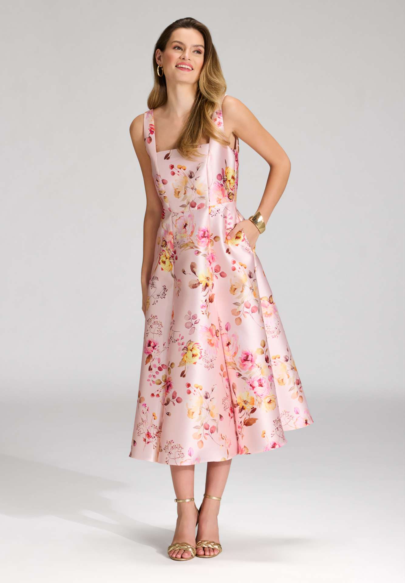 Cocktailkleid mit Karree-Ausschnitt aus floral bedrucktem Twill