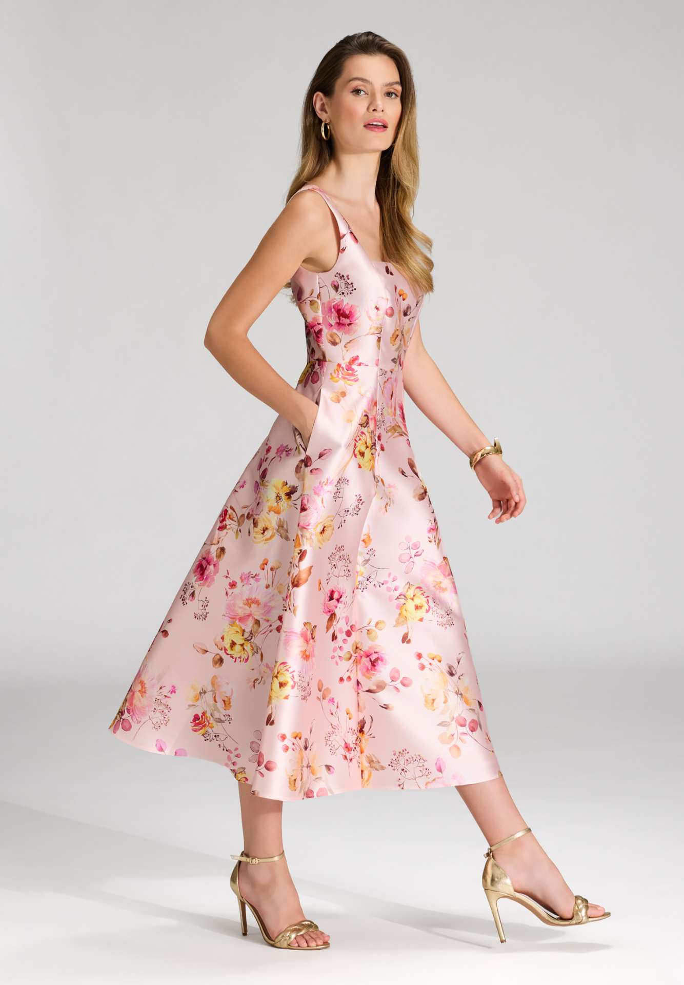 Cocktailkleid mit Karree-Ausschnitt aus floral bedrucktem Twill