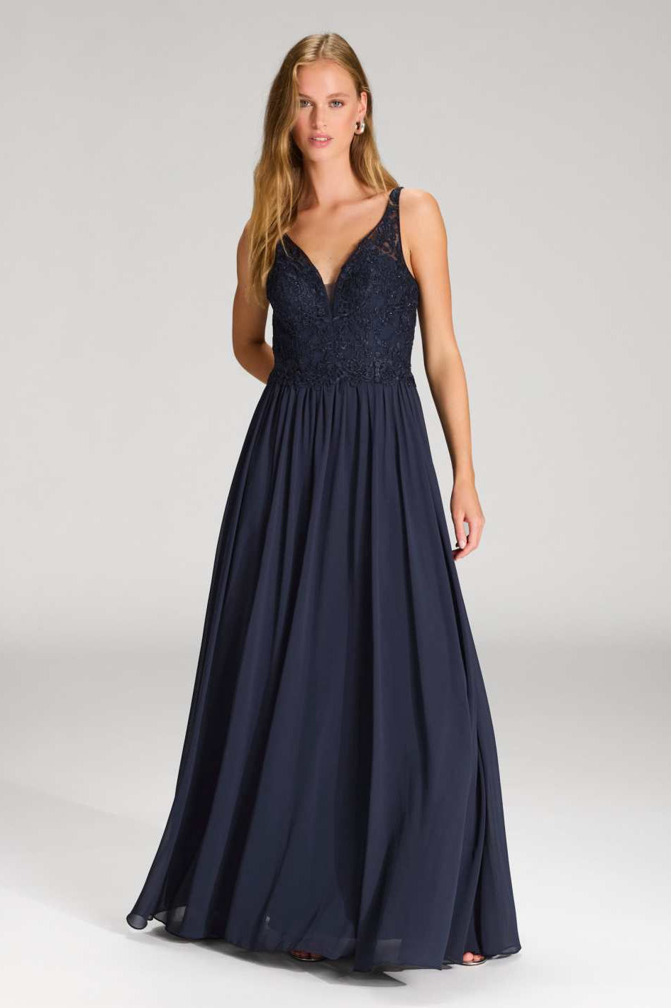 Chiffonkleid mit Spitzenstickerei navy