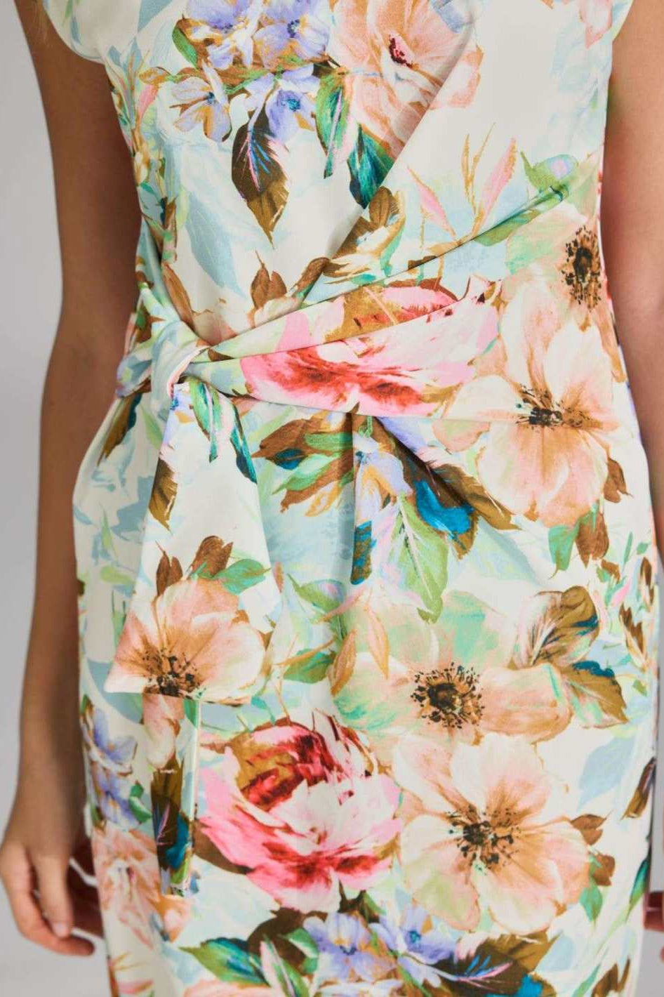 Etuikleid mit Knotendetail aus leichtem Scuba mit Blumendruck