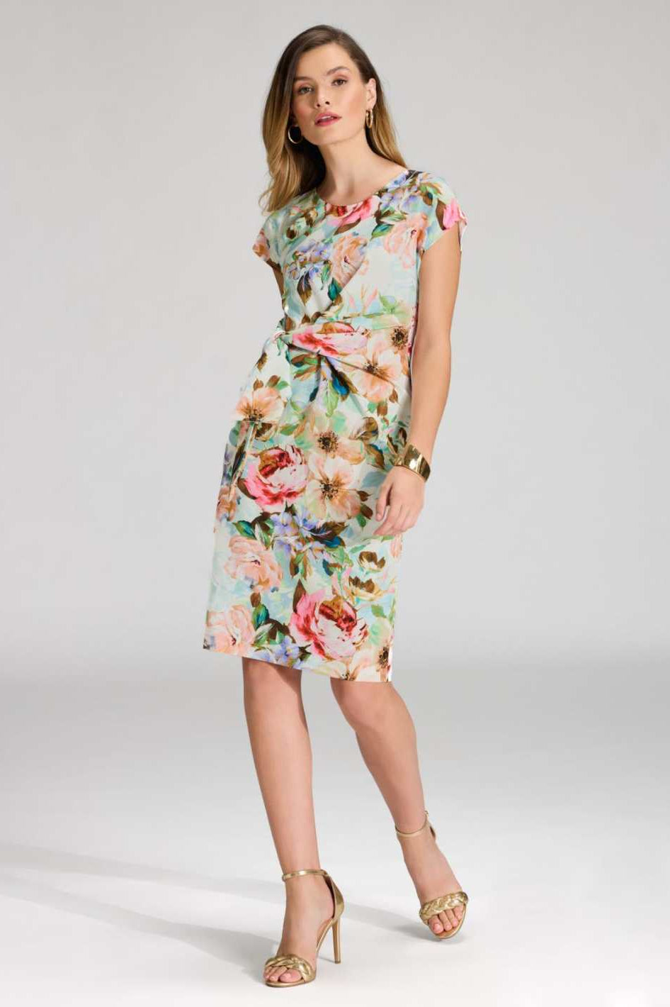 Etuikleid mit Knotendetail aus leichtem Scuba mit Blumendruck