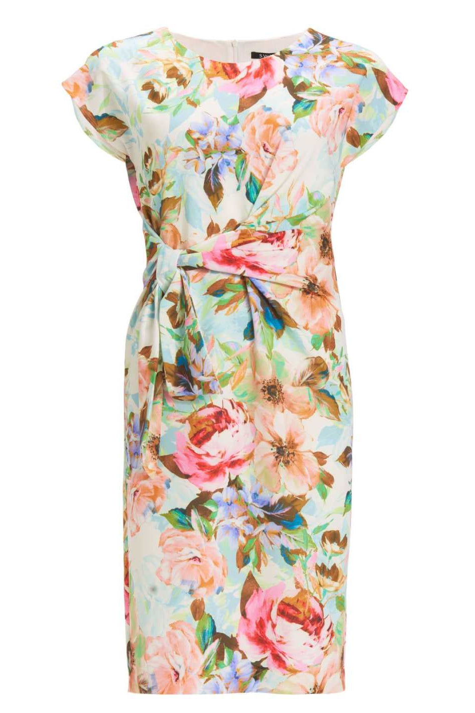 Etuikleid mit Knotendetail aus leichtem Scuba mit Blumendruck