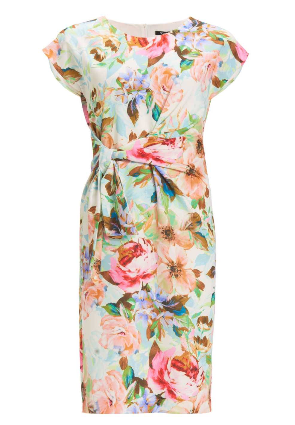 Etuikleid mit Knotendetail aus leichtem Scuba mit Blumendruck