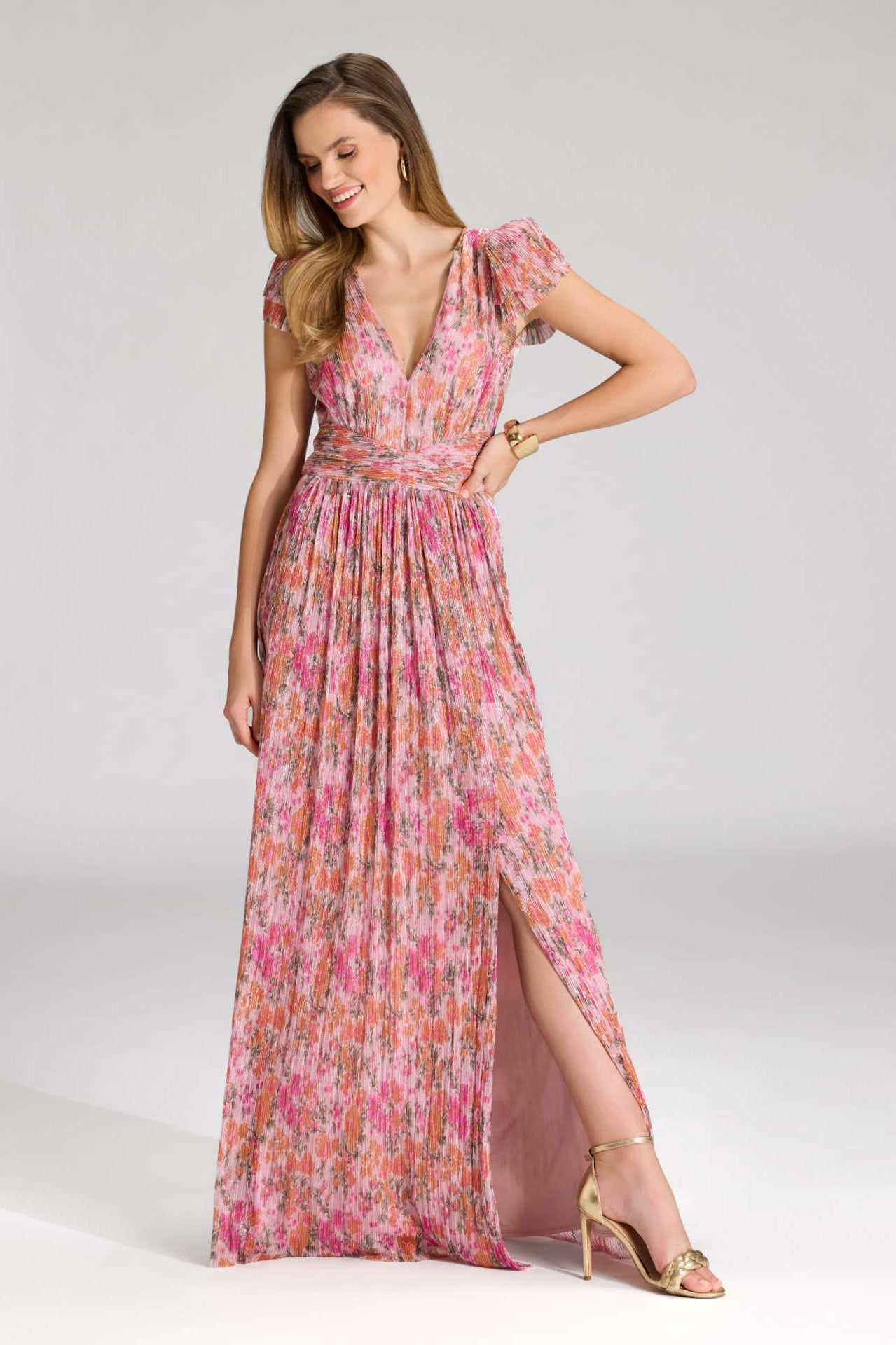 Abendkleid aus bedrucktem Plissee Jersey mit betonter Schulter raspberry pink multi