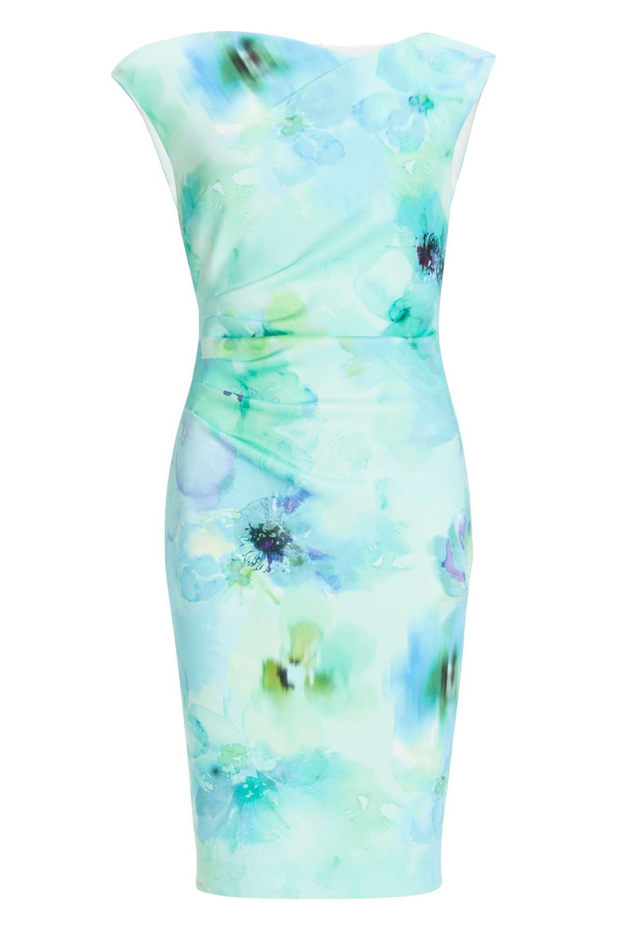 Etuikleid aus bedrucktem Scuba mit Drapierung