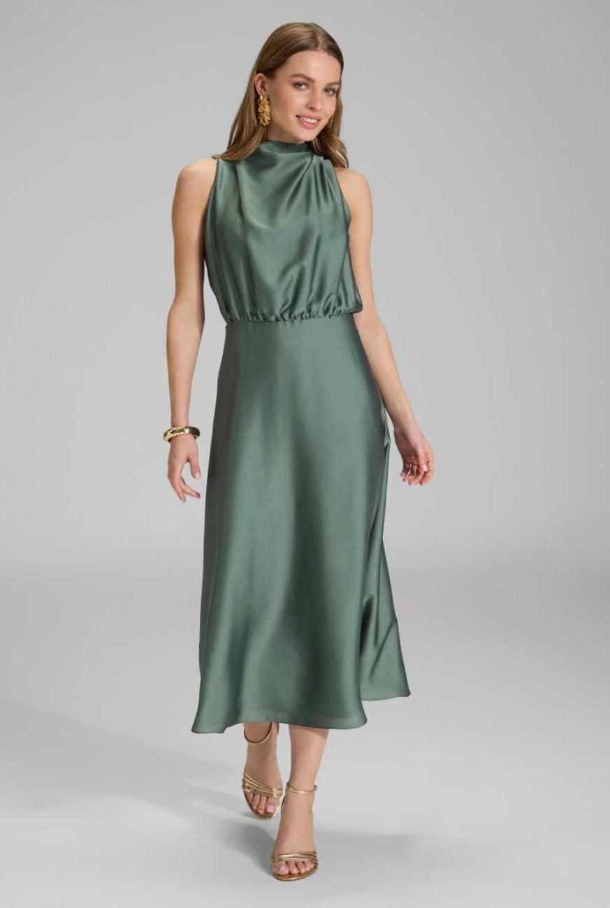 Midi Kleid aus nachhaltigem Satin mit Drapierung am Kragen deep slate