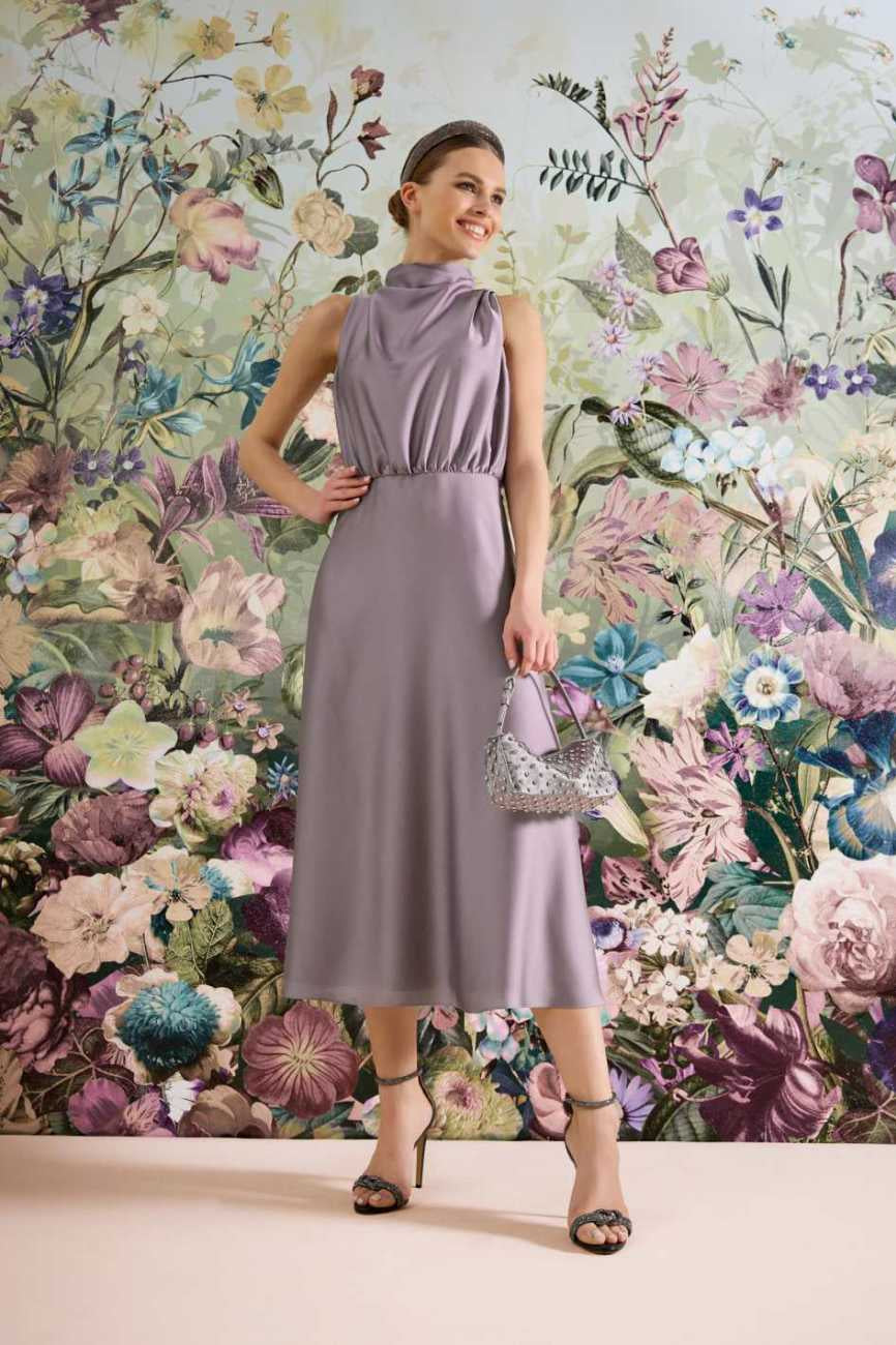 Midi Kleid aus nachhaltigem Satin mit Drapierung am Kragen mauve