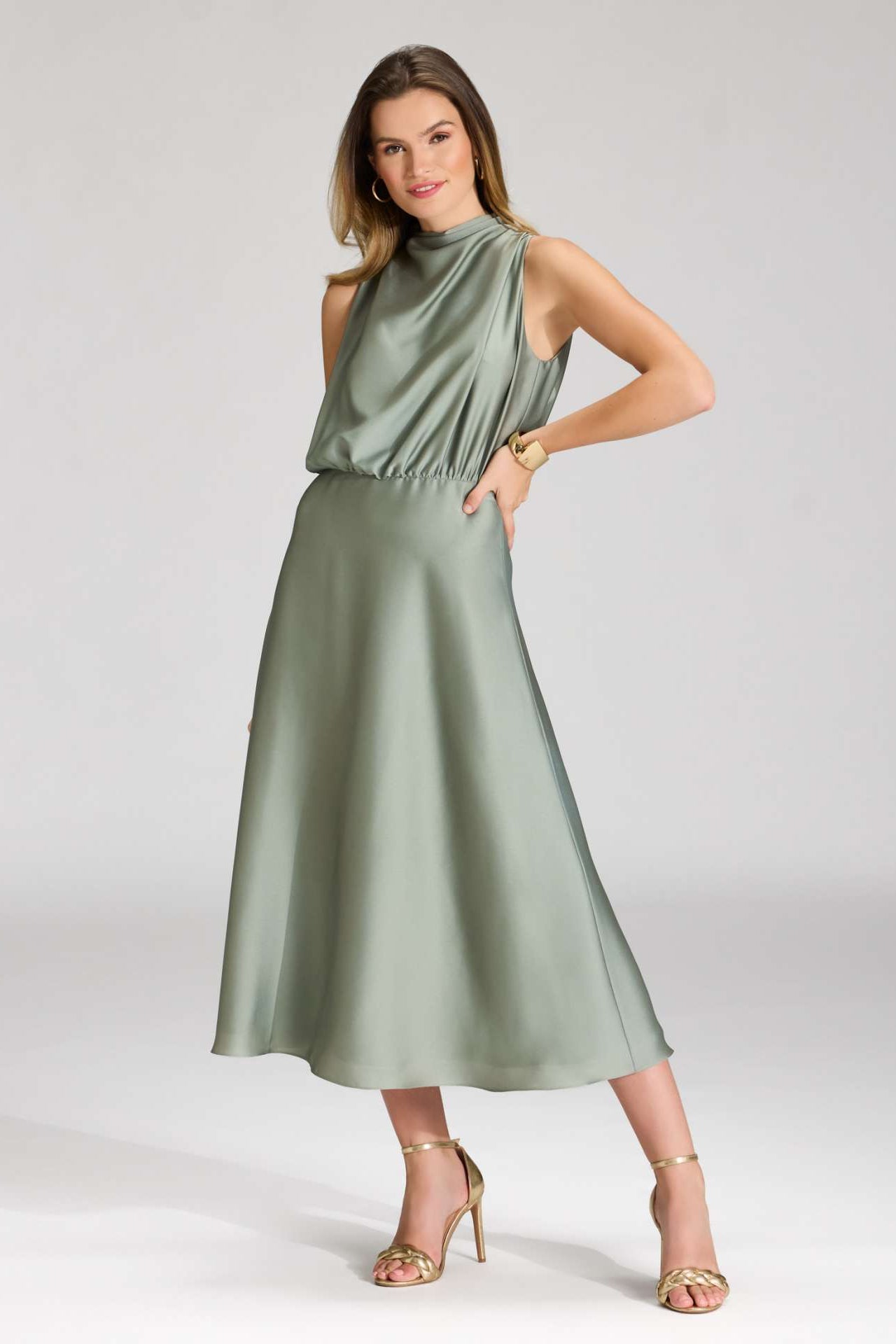 Midi Kleid aus nachhaltigem Satin mit Drapierung am Kragen pistachio green