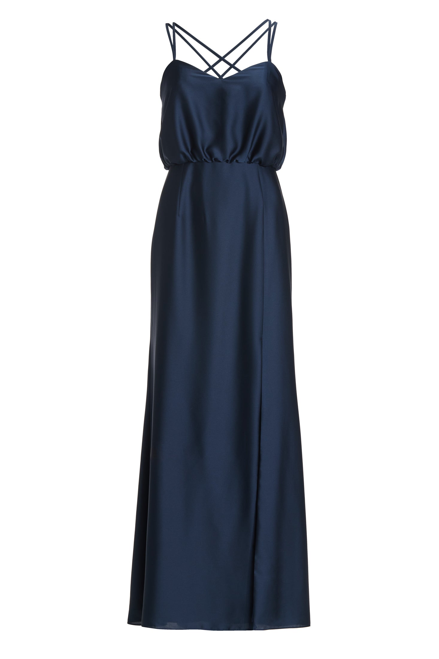 Abendkleid aus nachhaltigem Satin mit gekreuzten Spagettiträgern
