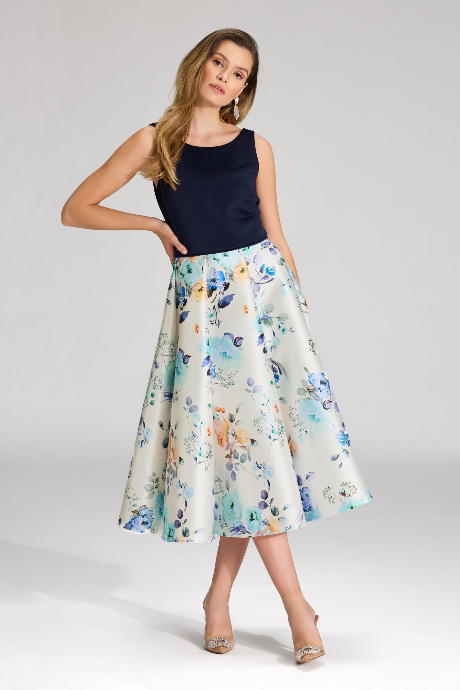 Cocktailkleid aus bedrucktem Twill mit Scuba Oberteil ivory multi