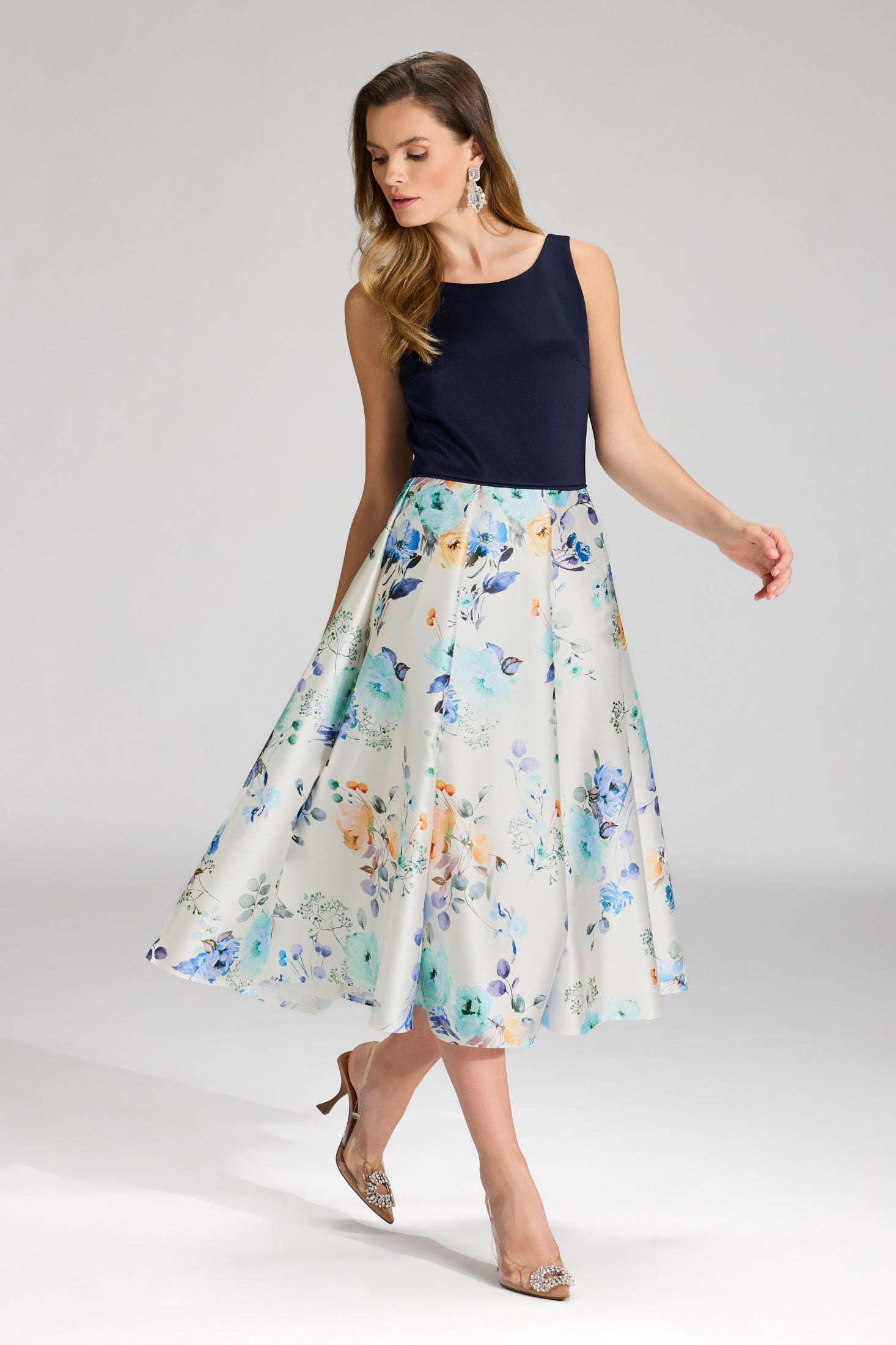 Cocktailkleid aus bedrucktem Twill mit Scuba Oberteil