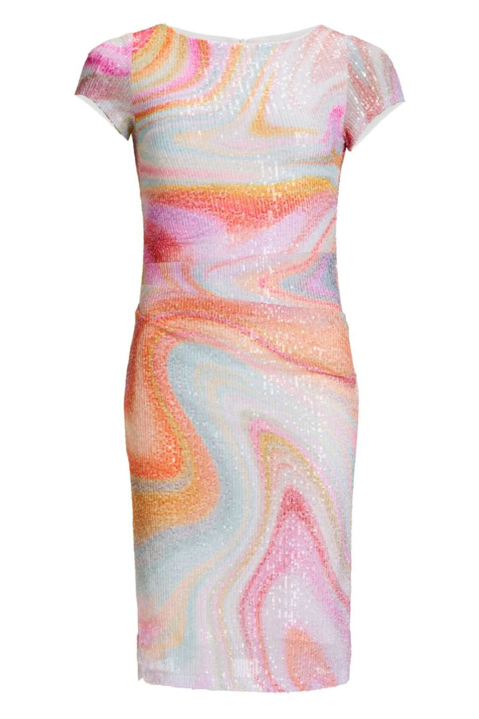 Etuikleid aus bedrucktem Paillettenstoff