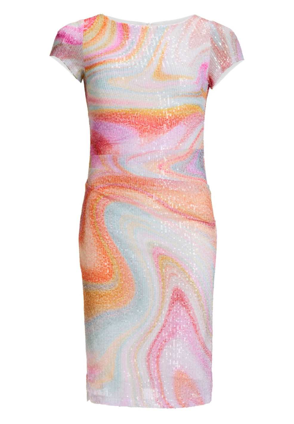 Etuikleid aus bedrucktem Paillettenstoff