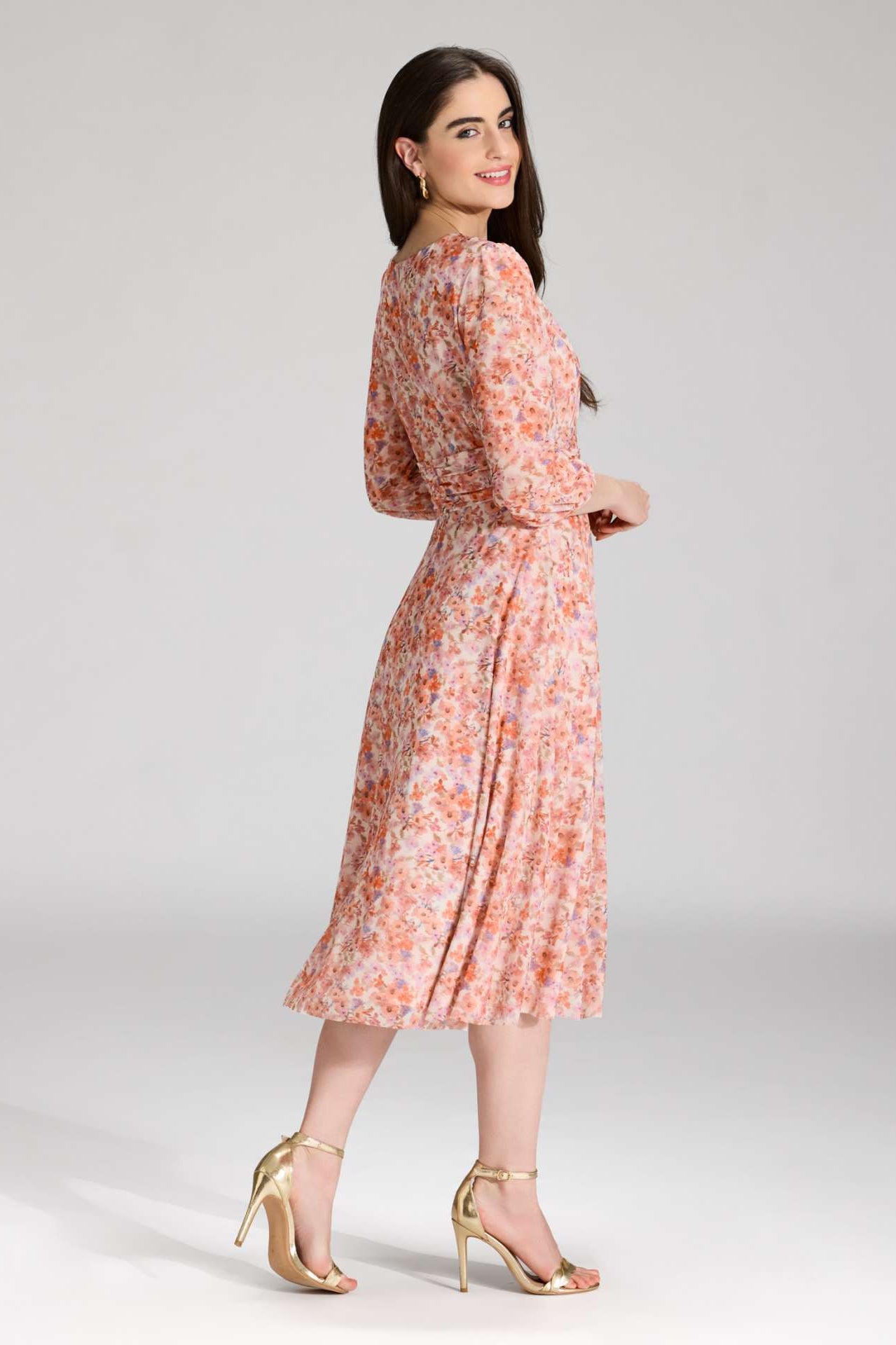 Midi Kleid aus bedrucktem Mesh mit ¾ Arm