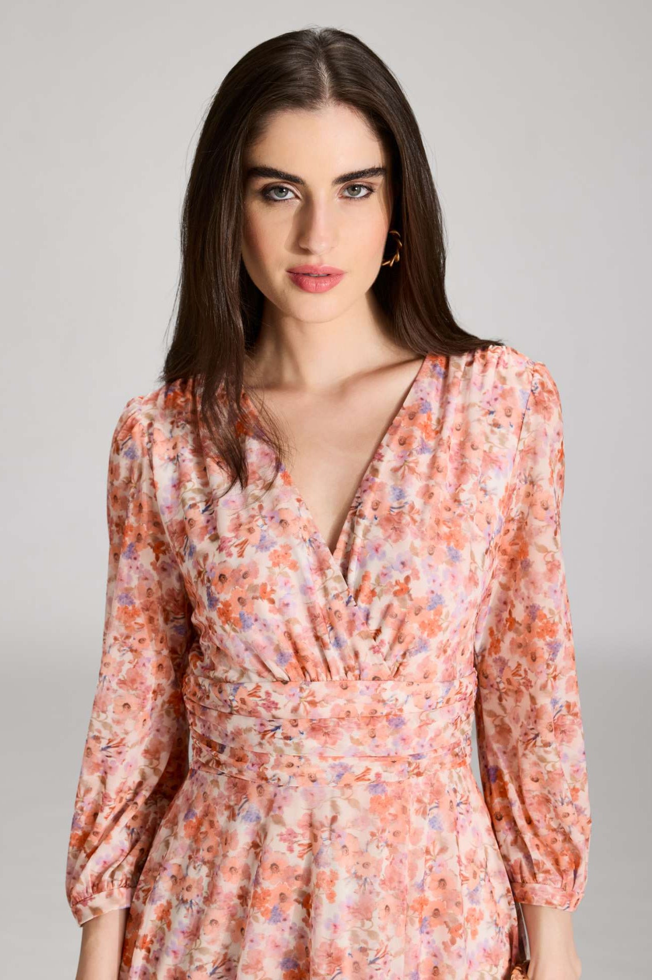 Midi Kleid aus bedrucktem Mesh mit ¾ Arm