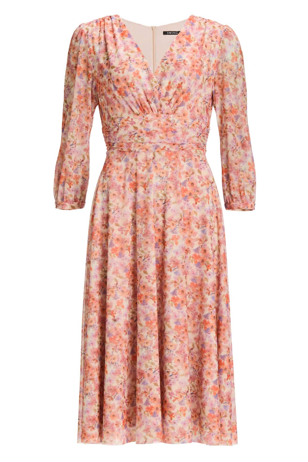 Midi Kleid aus bedrucktem Mesh mit ¾ Arm