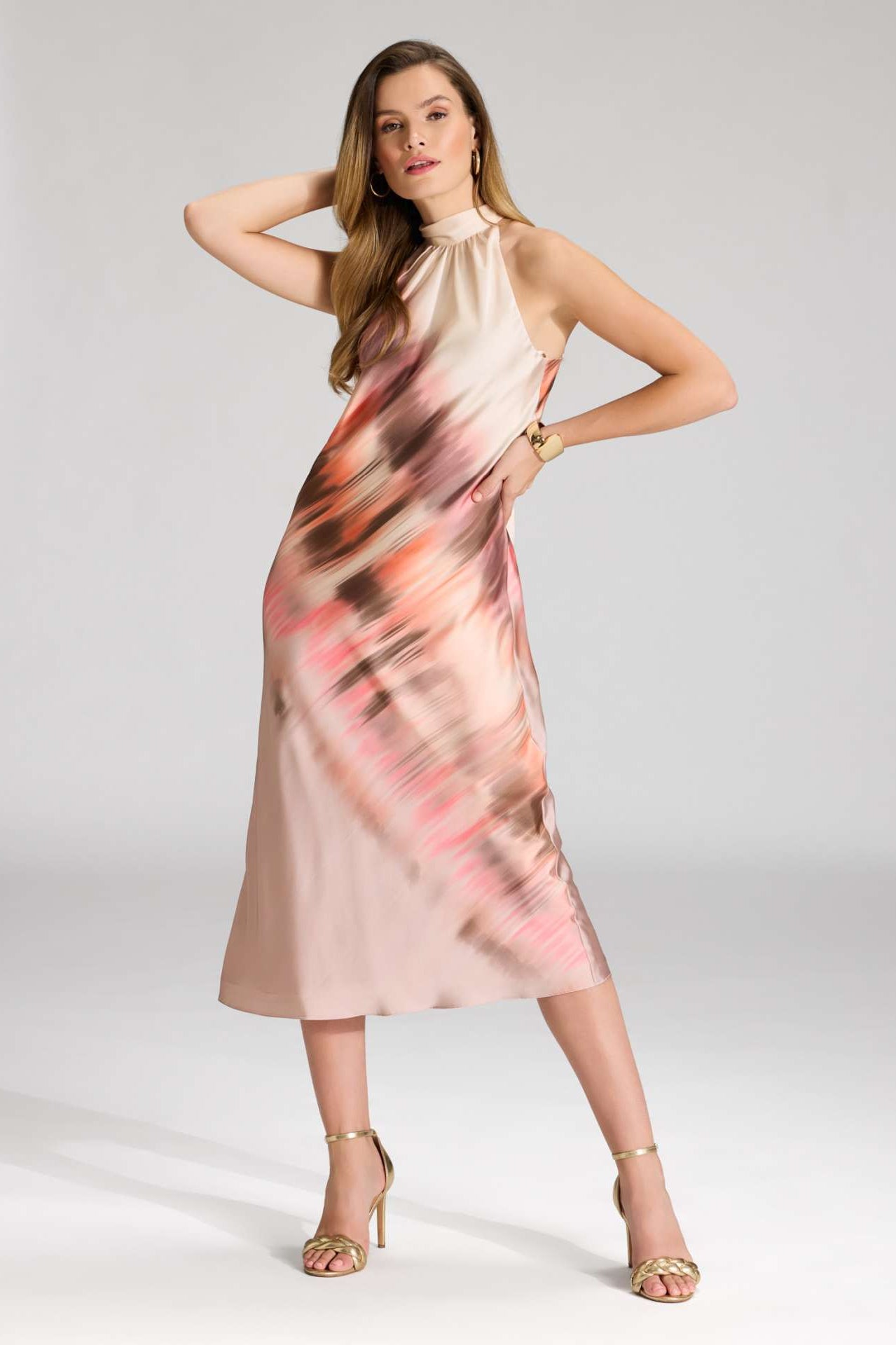 Bedrucktes Slip Dress aus Satin mit Stehkragen