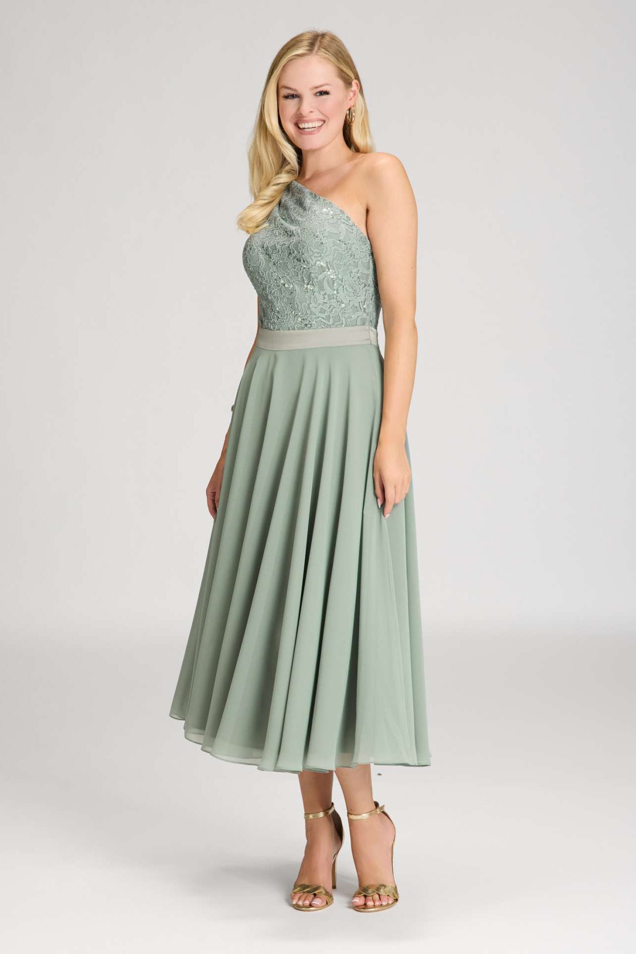 One Shoulder Midi Kleid aus Material Mix pistachio green