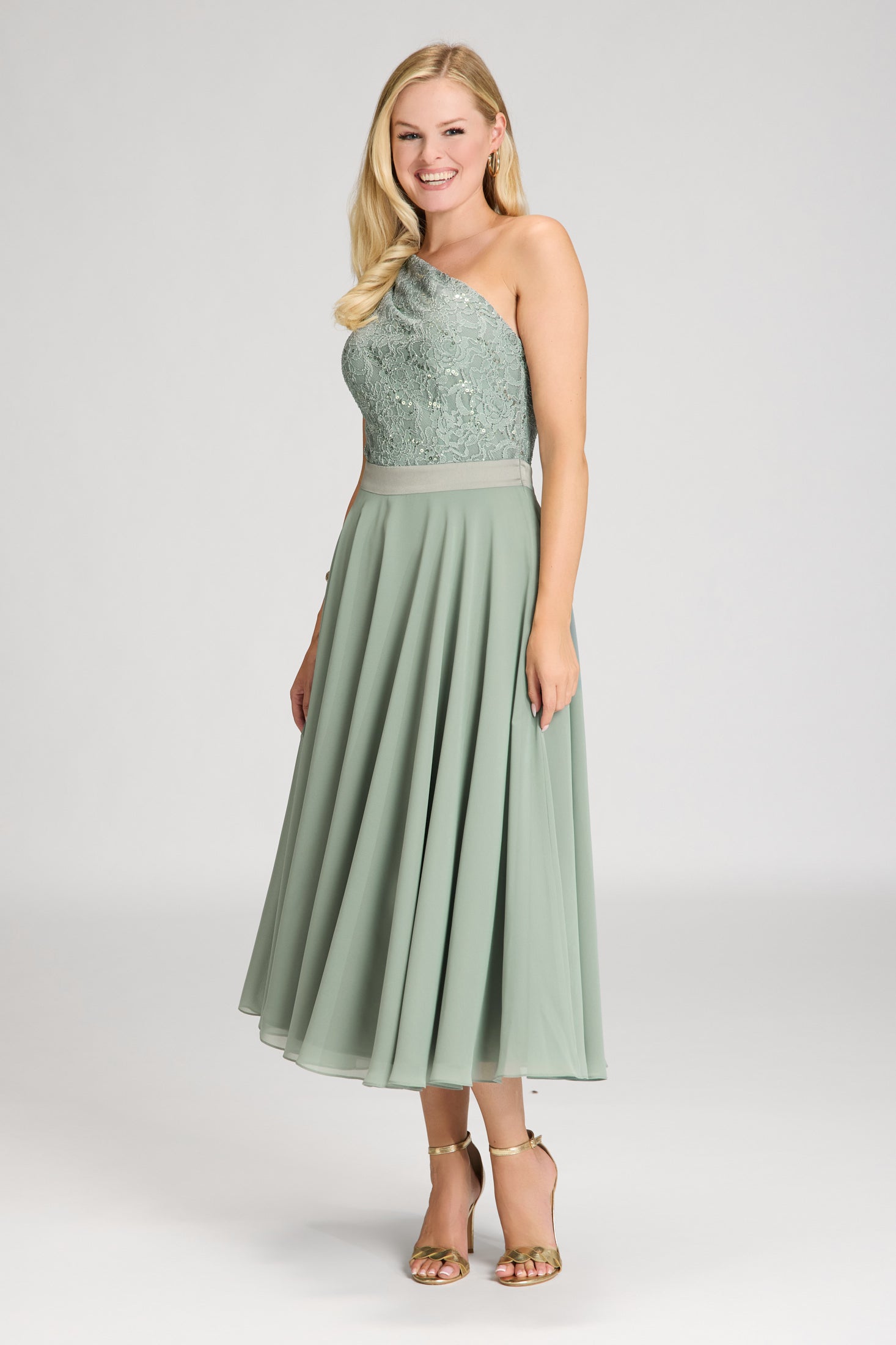 One Shoulder Midi Kleid aus Material Mix pistachio green