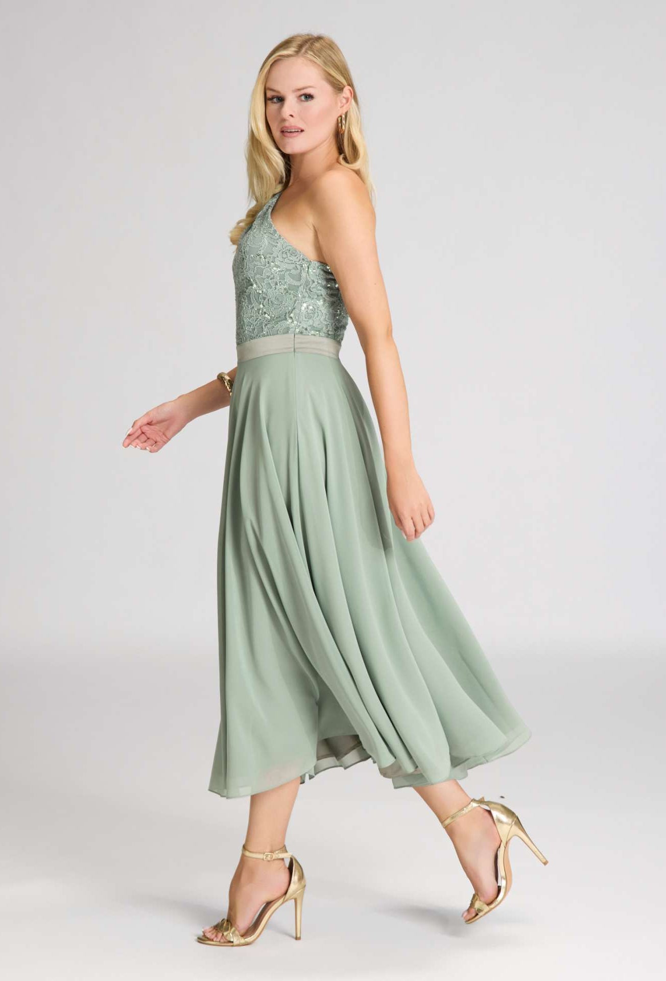One Shoulder Midi Kleid aus Material Mix