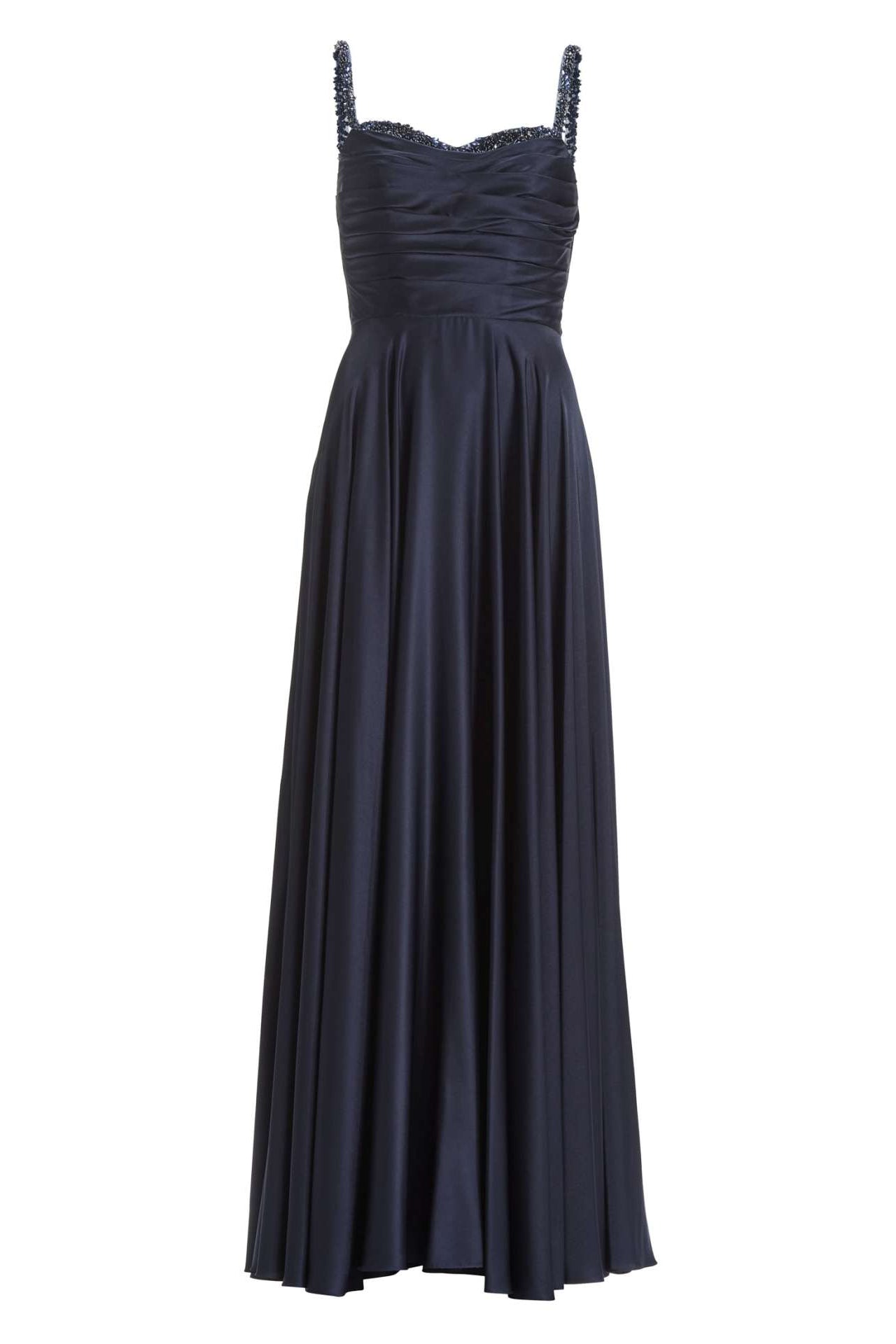 Satinkleid mit drapiertem Top und bestickten Trägern