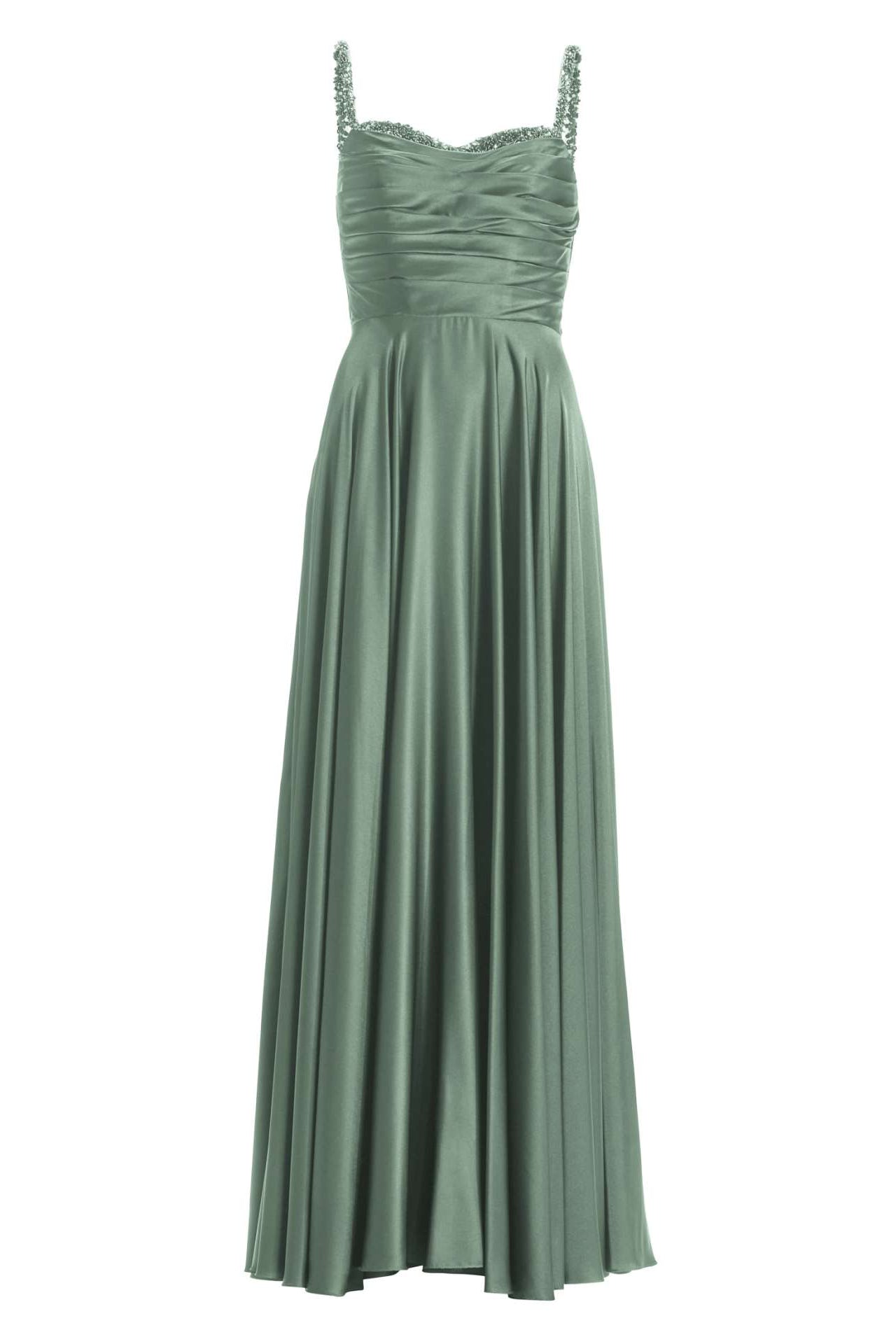 Satinkleid mit drapiertem Top und bestickten Trägern