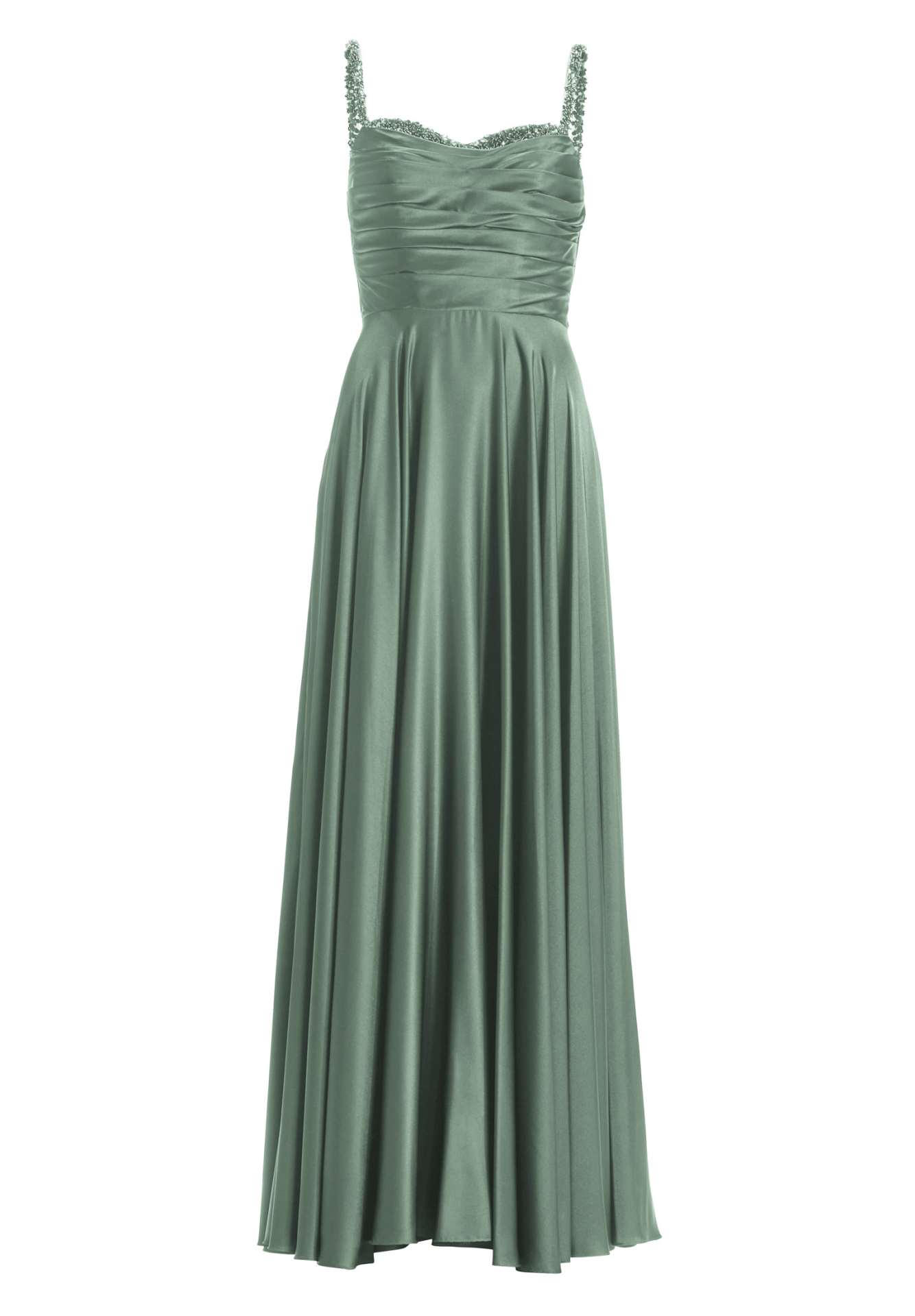 Satinkleid mit drapiertem Top und bestickten Trägern