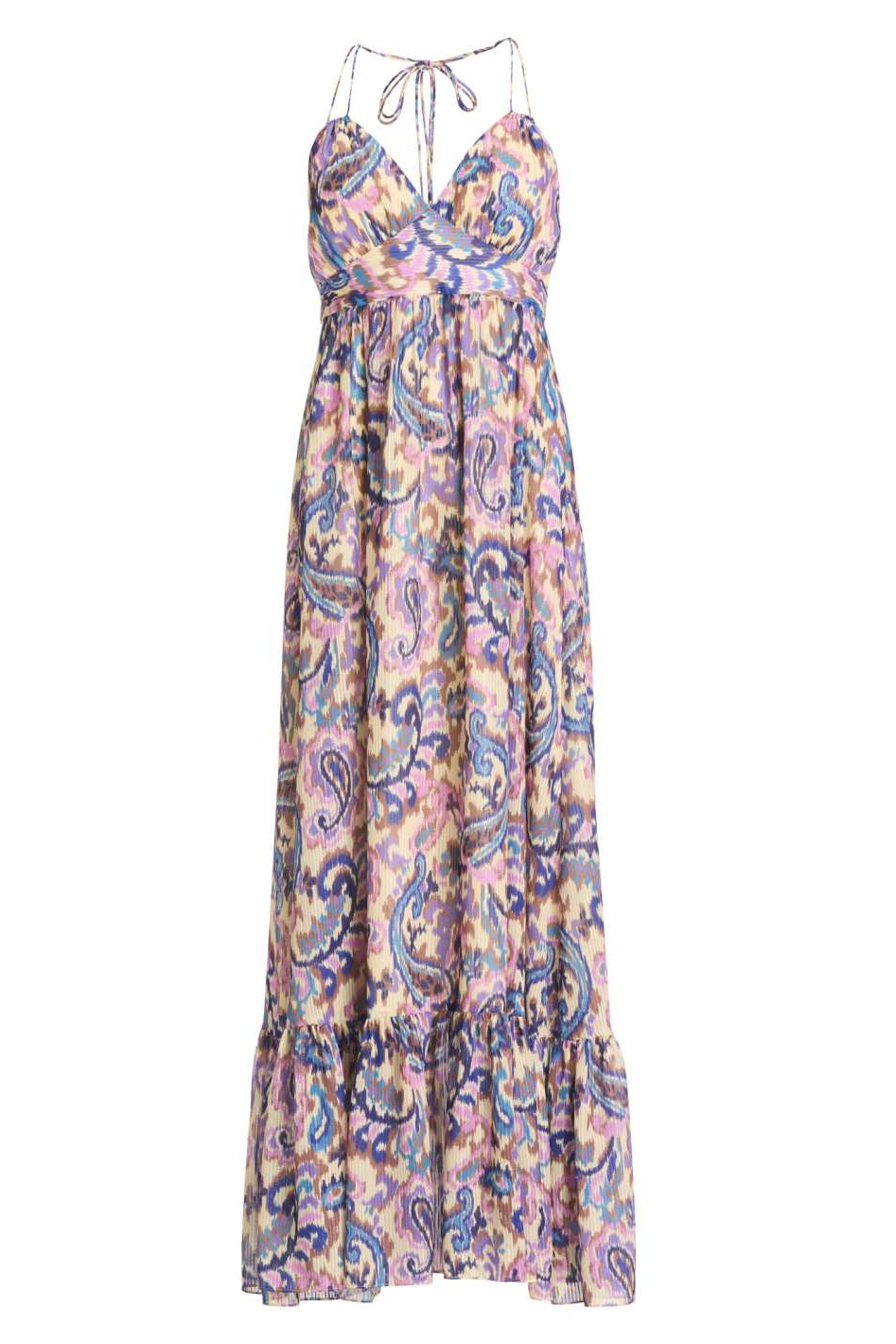 Neckholder Maxi Kleid aus bedrucktem Chiffon mit Glitzerstreifen