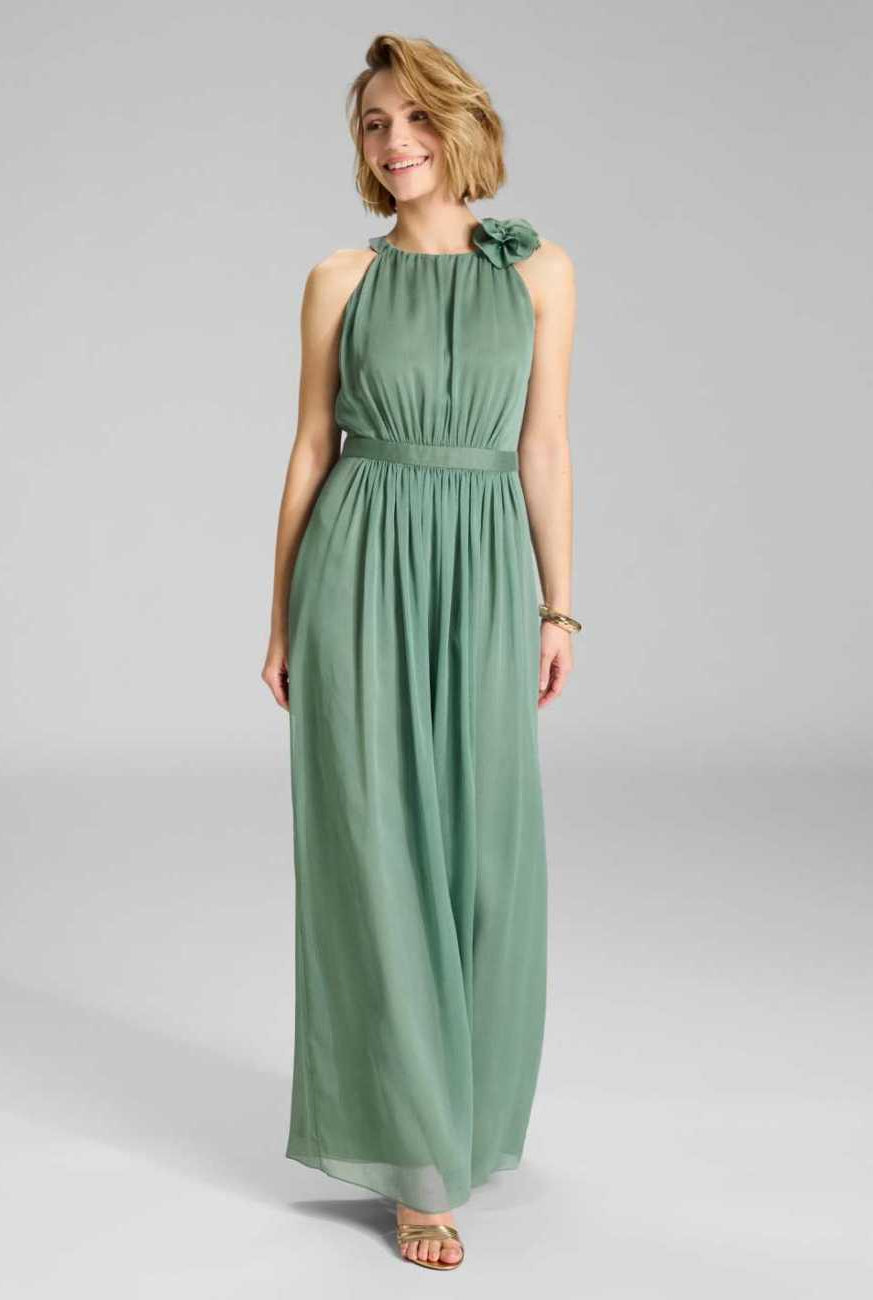 Abendkleid aus Crinkle Chiffon mit dekorativer Blüte pistachio green