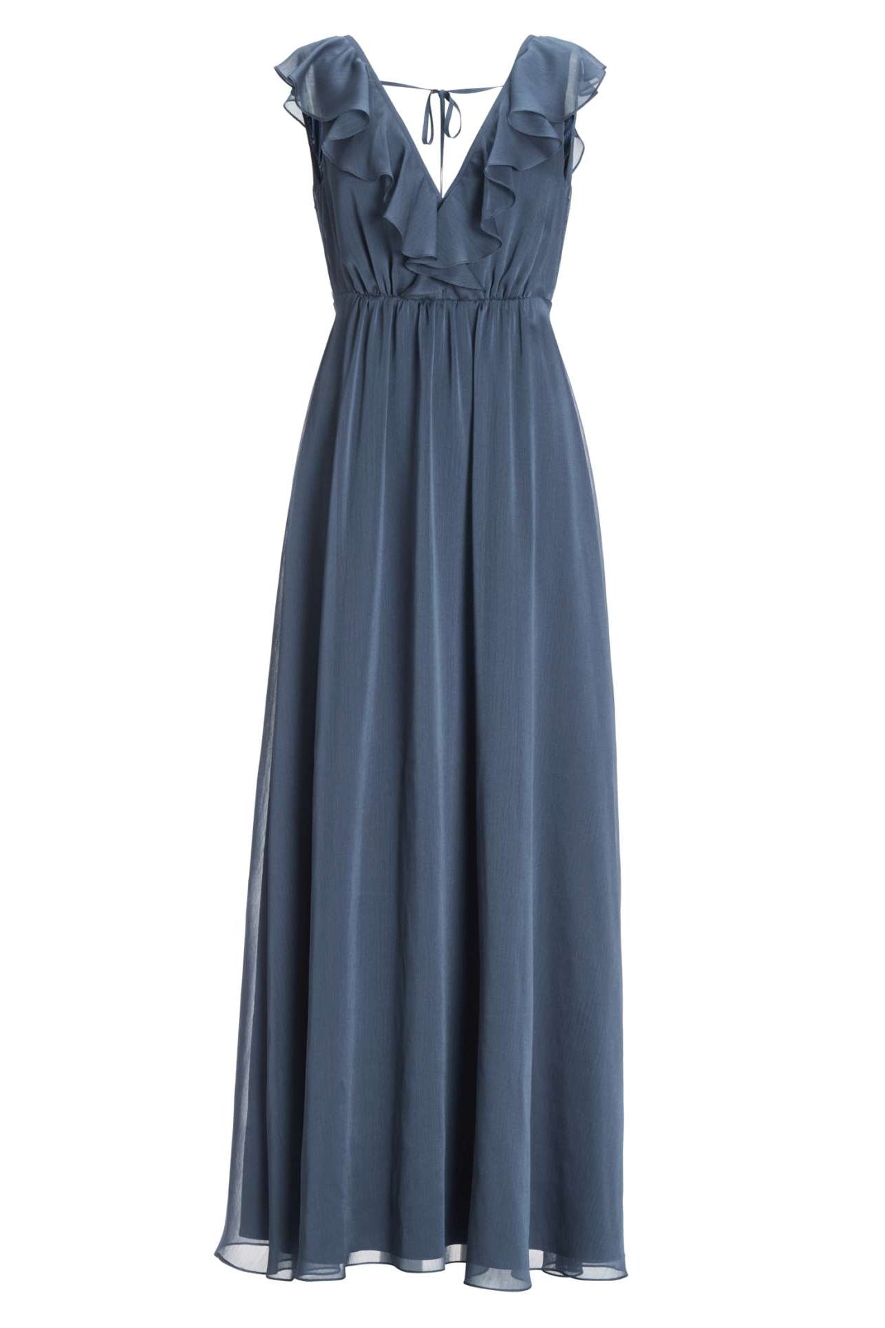 Abendkleid aus Crinkle Chiffon mit tiefem Ausschnitt und Rüschen