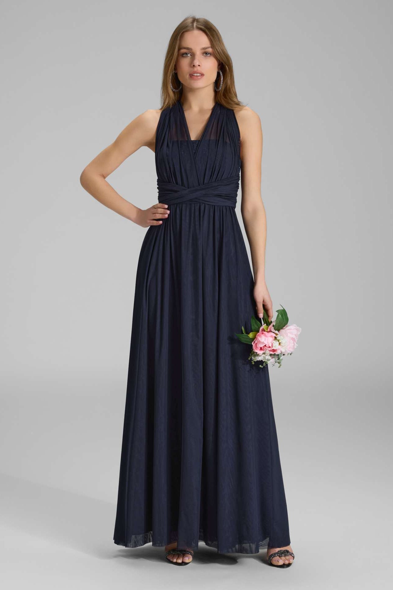 Abendkleid aus Mesh und Spitze mit verschiedenen Bindemöglichkeiten navy