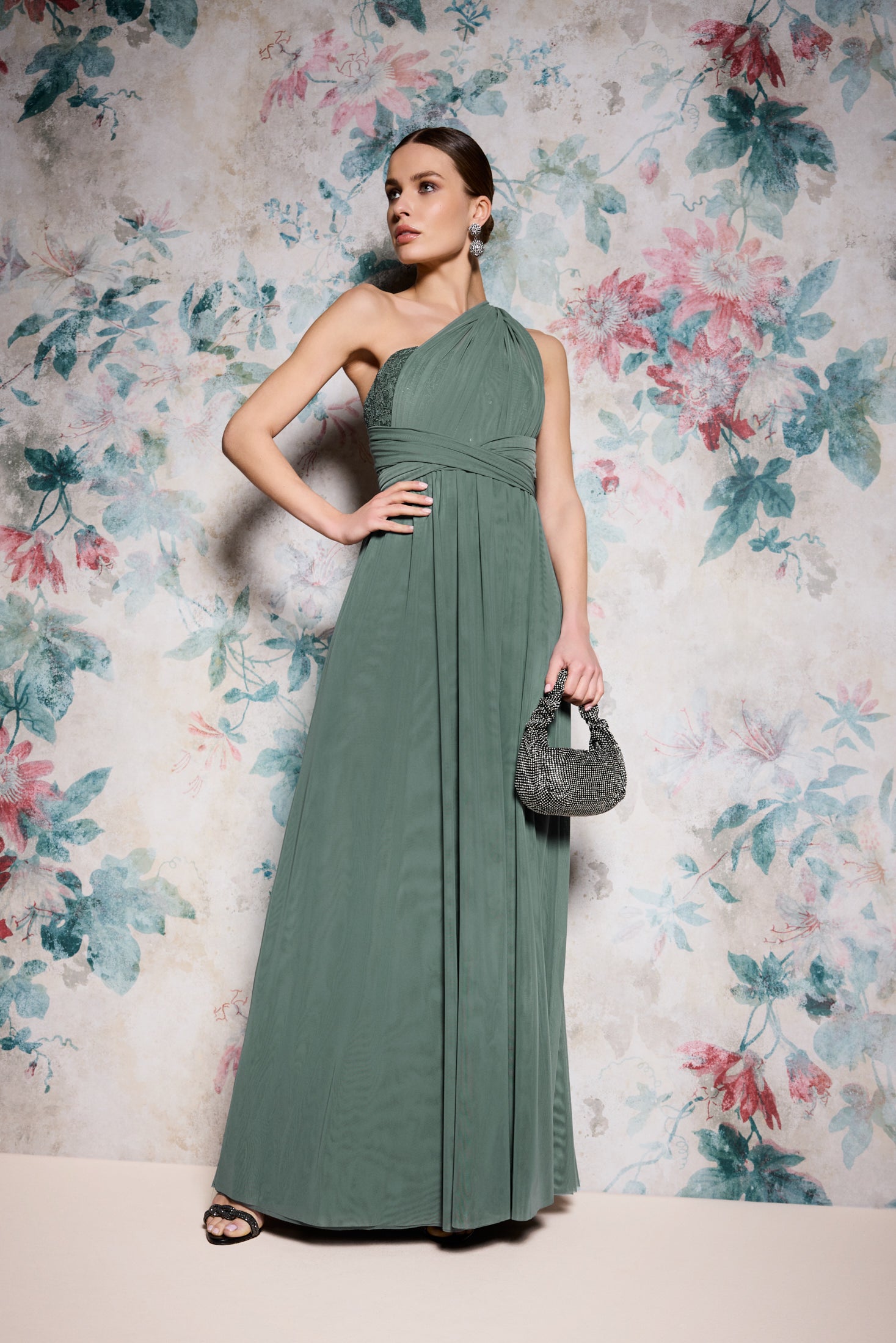 Abendkleid aus Mesh und Spitze mit verschiedenen Bindemöglichkeiten deep slate