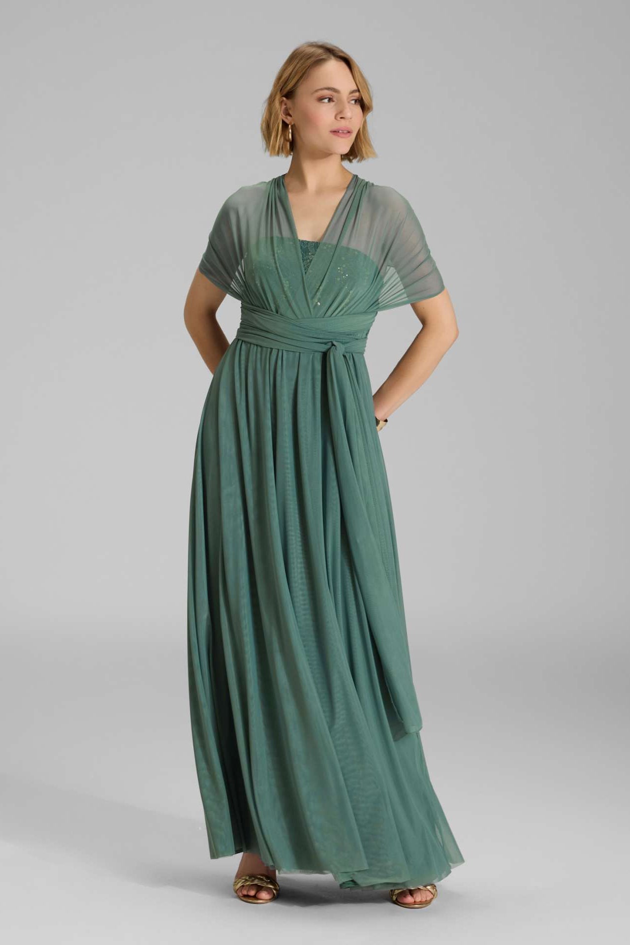 Abendkleid aus Mesh und Spitze mit verschiedenen Bindemöglichkeiten