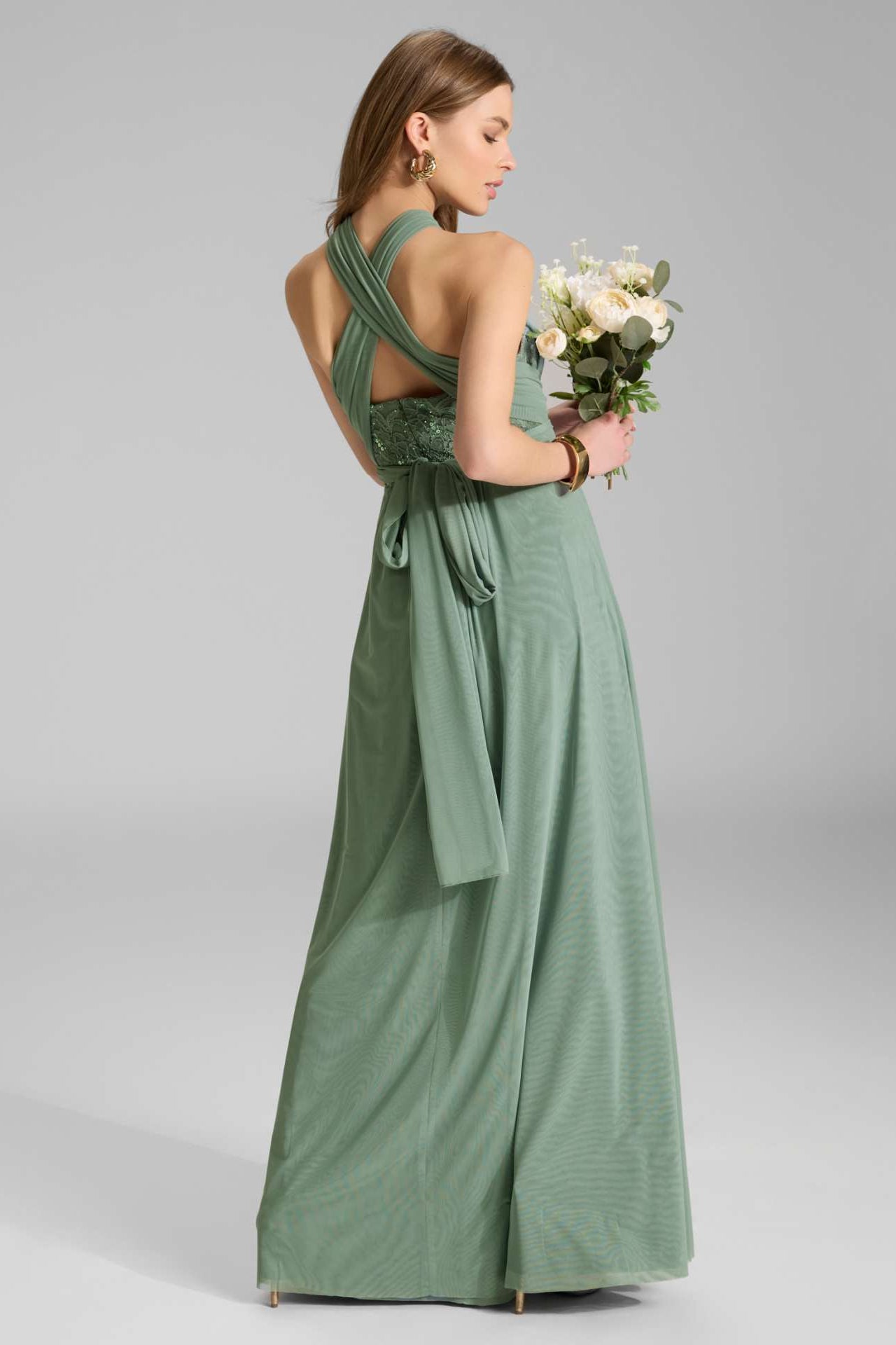 Abendkleid aus Mesh und Spitze mit verschiedenen Bindemöglichkeiten