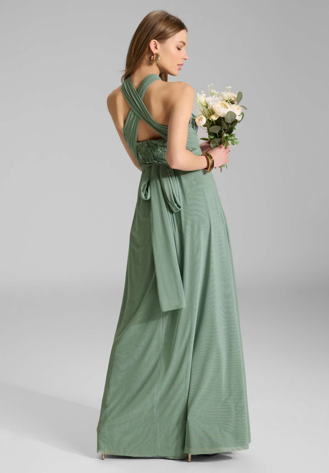 Abendkleid aus Mesh und Spitze mit verschiedenen Bindemöglichkeiten