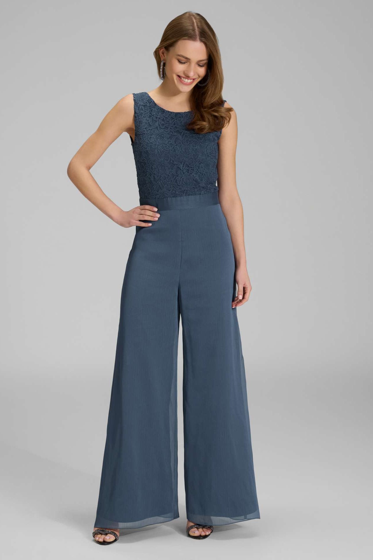 Jumpsuit mit weitem Bein und Oberteil aus elastischer Spitze timeless blue