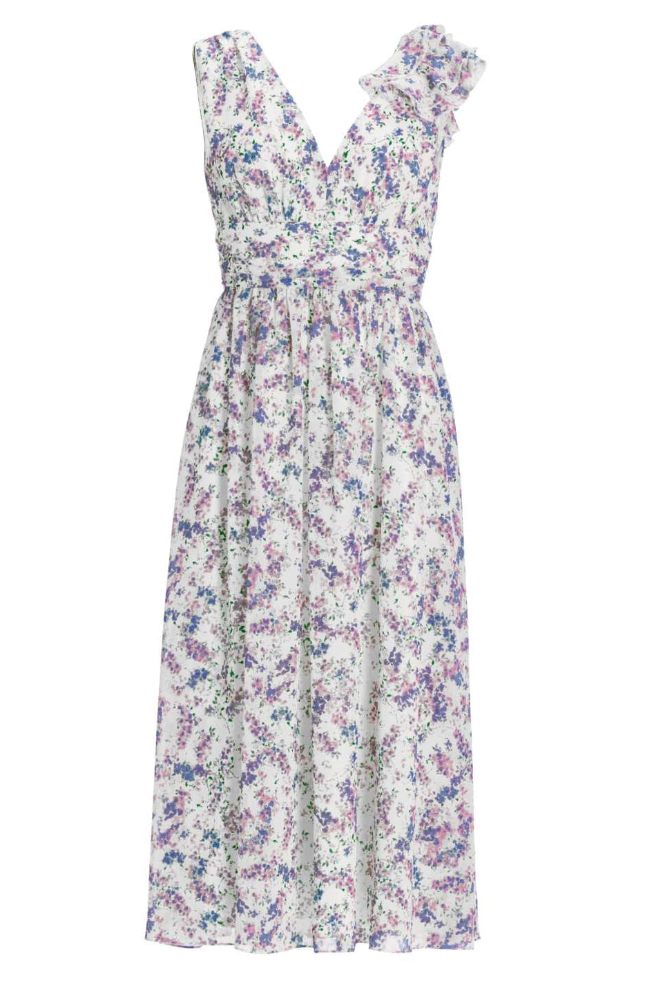 Midi Kleid aus floral bedrucktem Crinkle Chiffon mit Volants an der Schulter