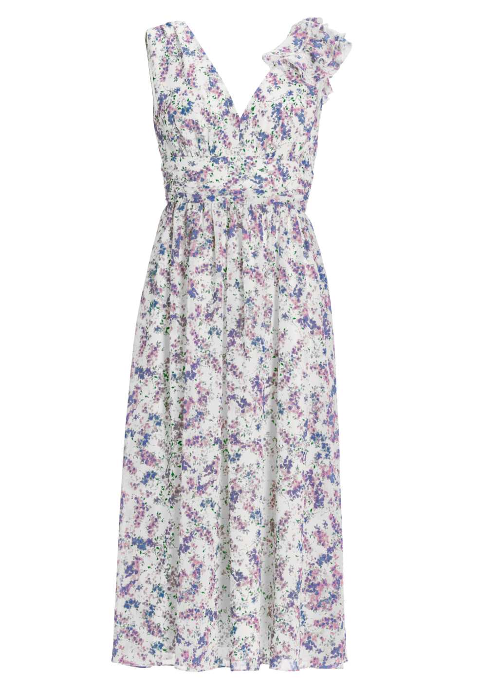 Midi Kleid aus floral bedrucktem Crinkle Chiffon mit Volants an der Schulter