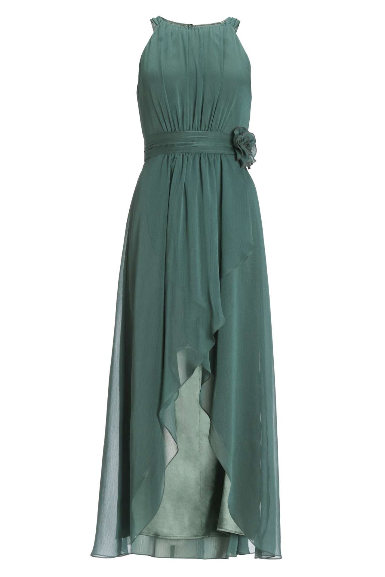 Abendkleid aus Chiffon mit Vokuhila Saum und Stoffblüte