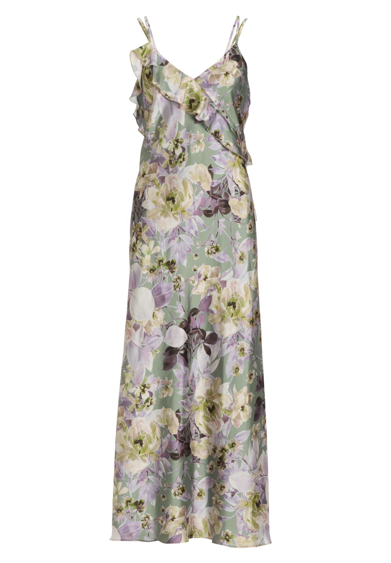 Langes Slip Dress mit Volants aus nachhaltigem bedruckten Satin