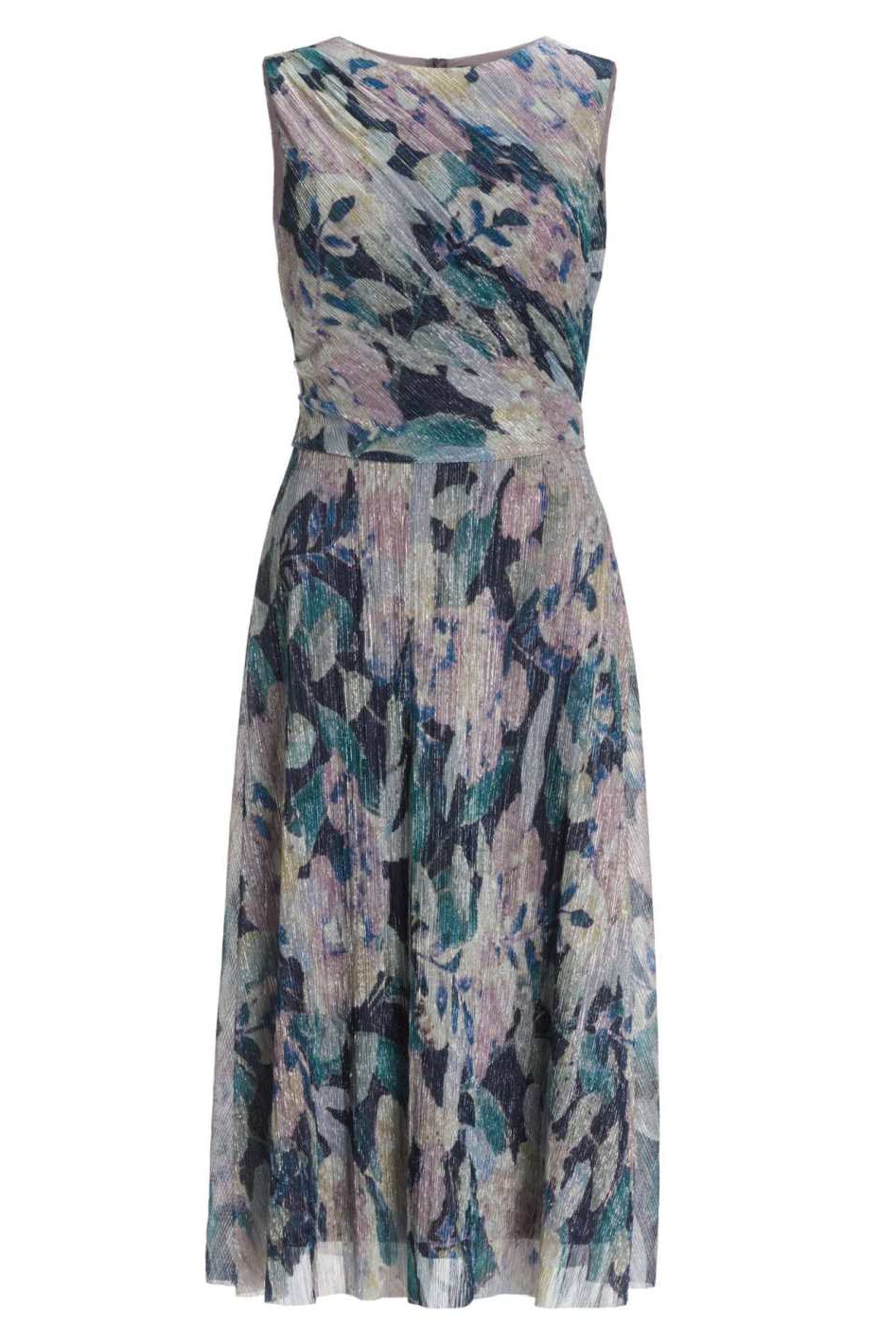 Midi Kleid mit diagonaler Drapierung aus bedrucktem Plissee Jersey