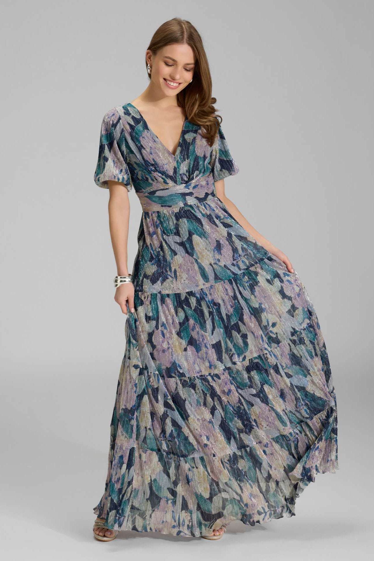 Abendkleid mit Puffärmeln aus bedrucktem Plissee Jersey mauve multi