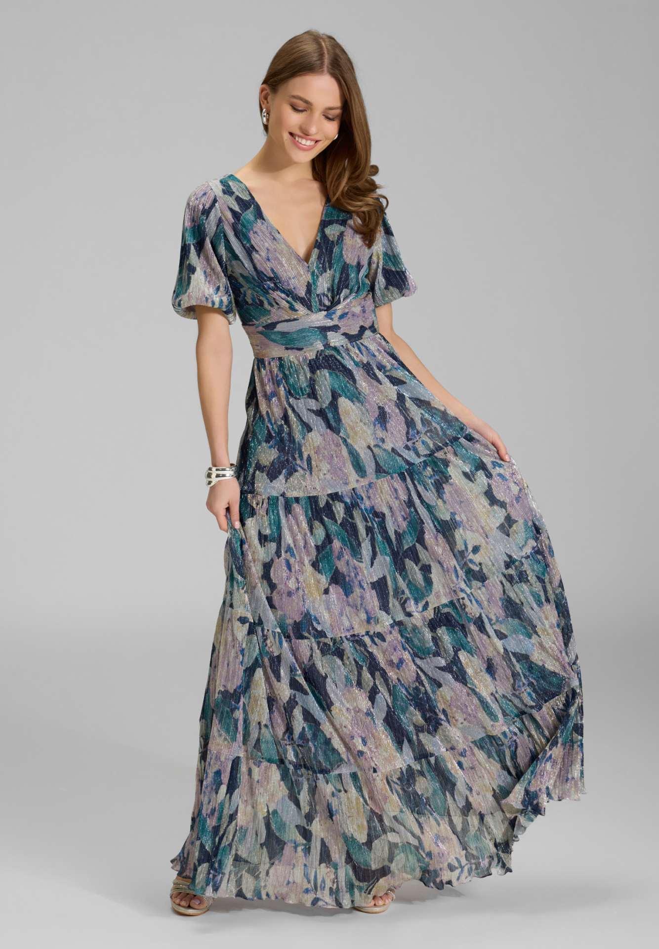 Abendkleid mit Puffärmeln aus bedrucktem Plissee Jersey mauve multi