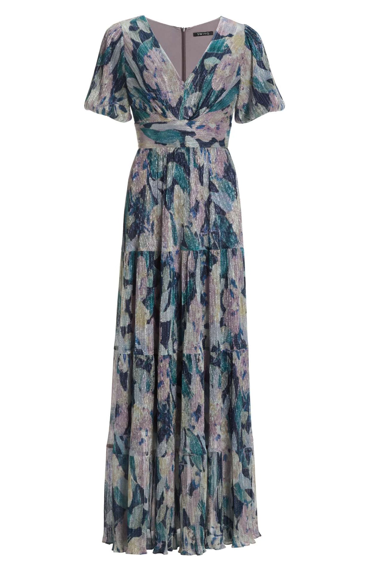 Abendkleid mit Puffärmeln aus bedrucktem Plissee Jersey