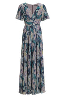 Abendkleid mit Puffärmeln aus bedrucktem Plissee Jersey