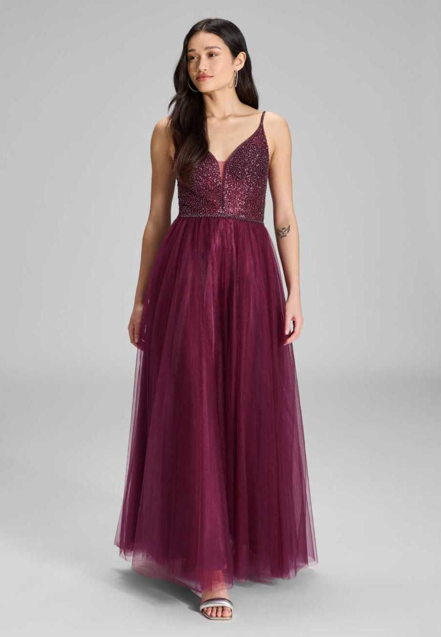 Tüllkleid mit feiner Ziersteinstickerei mulberry