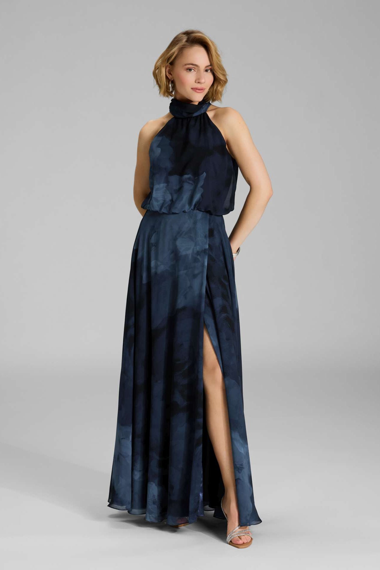Abendkleid mit blusigem Top aus floral bedrucktem Chiffon navy multi