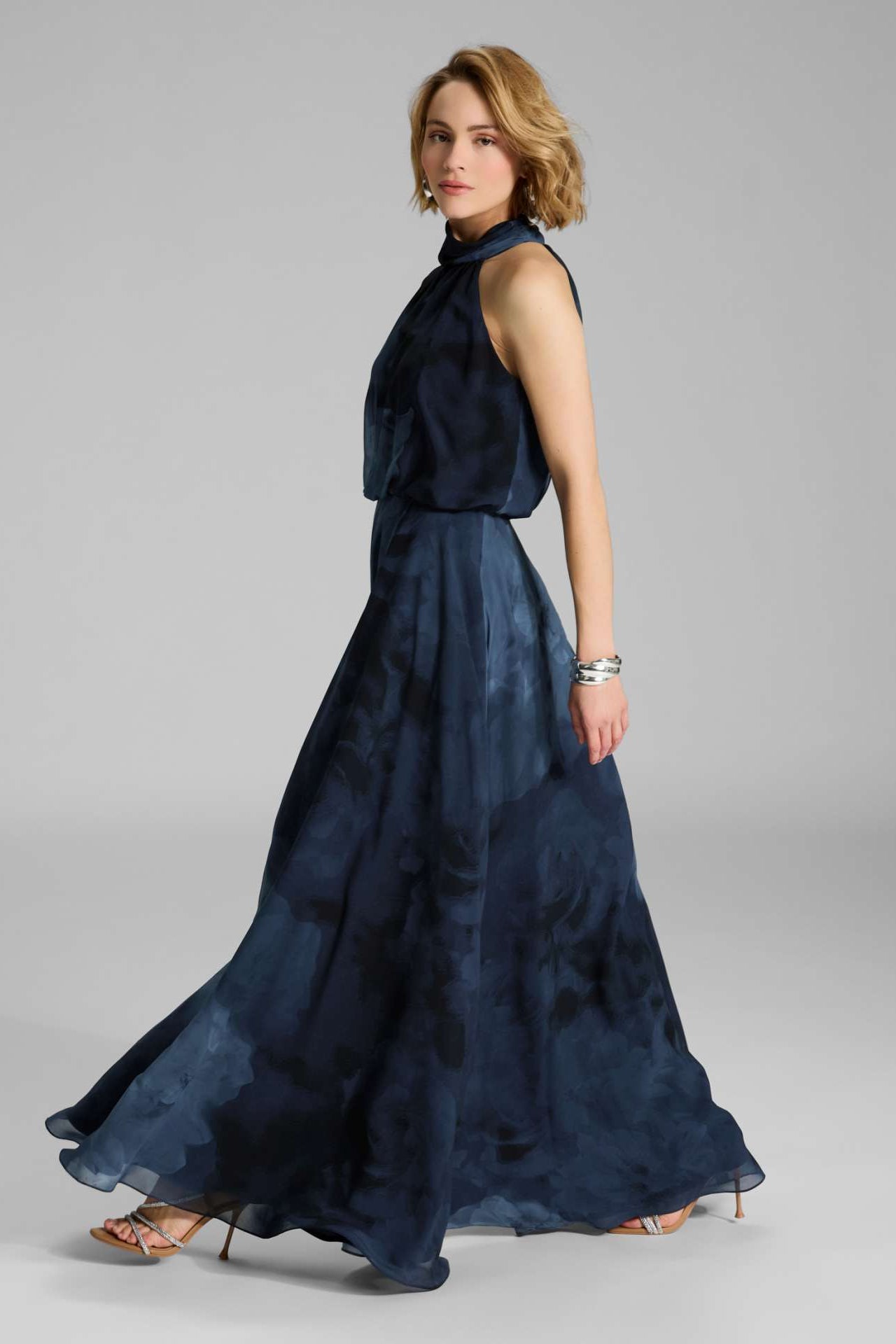 Abendkleid mit blusigem Top aus floral bedrucktem Chiffon