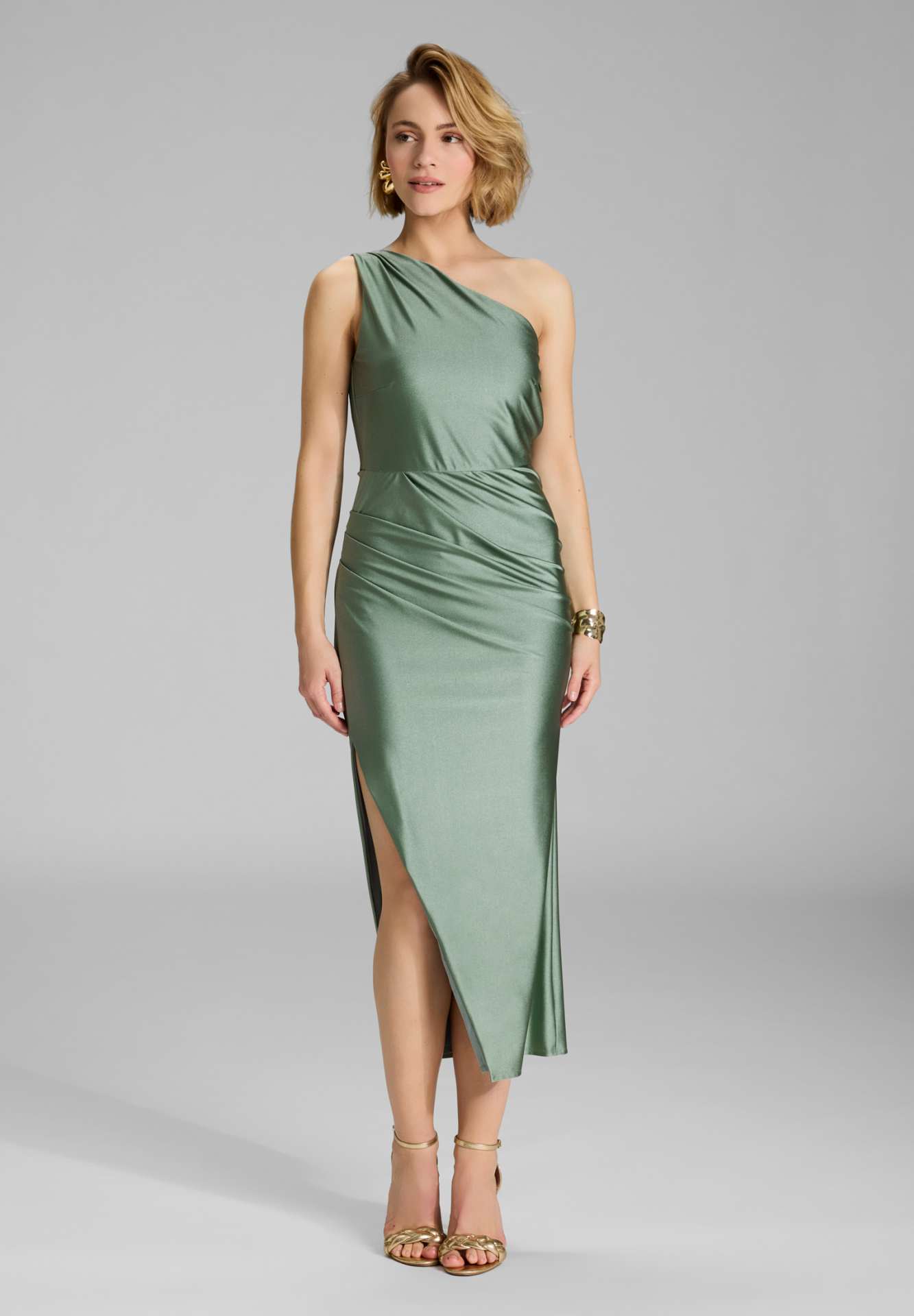 Midi Kleid One Shoulder aus Jersey Satin pistachio green