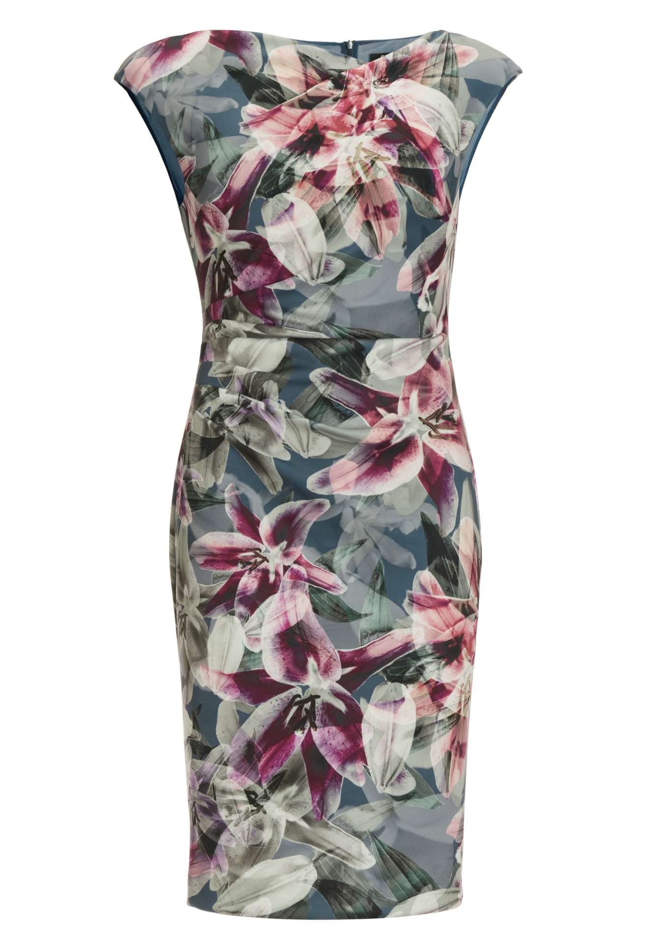 Etui Kleid aus bedrucktem Scuba mit Drapierung